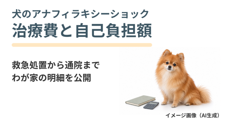 犬のアナフィラキシーショックの治療費と自己負担額を紹介。電卓とノートのそばに座る茶色のポメラニアンは、AI生成のイメージです。