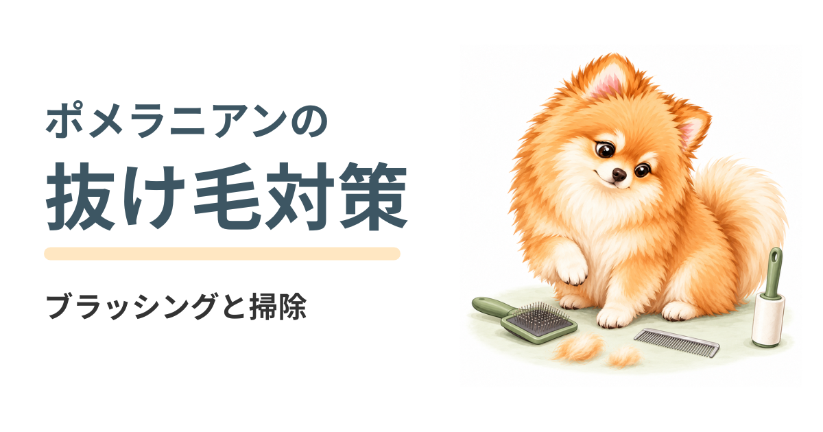 ブラシやコーム、粘着クリーナーのそばに座る茶色のポメラニアンと「ポメラニアンの抜け毛対策」の文字