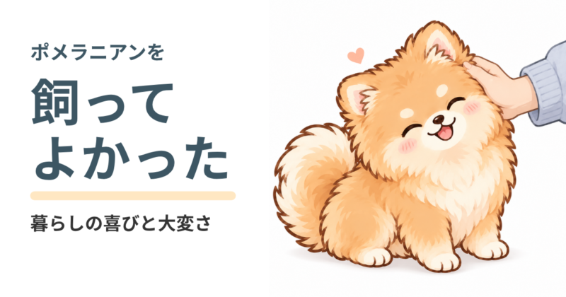 「ポメラニアンを飼ってよかった|暮らしの喜びと大変さ」の見出しと、頭をなでられて目を閉じる茶色のポメラニアン