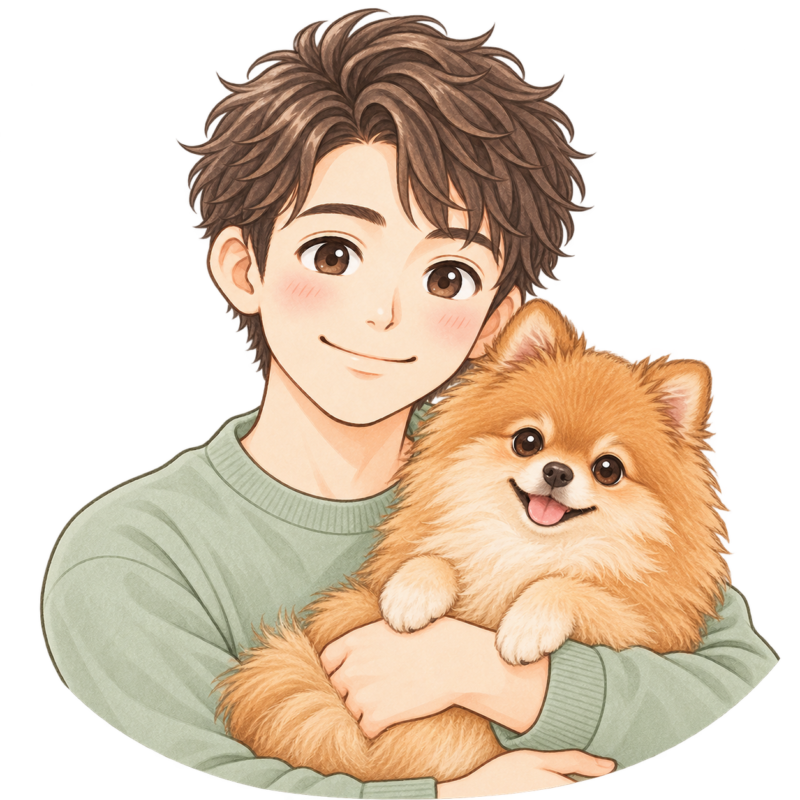 茶色のポメラニアン「あんこ」を抱っこする「そら」のイラスト