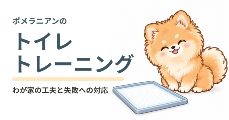 「ポメラニアンのトイレトレーニング」の見出しと、トイレシートのそばで笑顔で座る茶色のポメラニアンの子犬